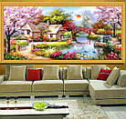 Алмазна вишивка будиночок біля річки 65х30 см, повна викладка, круглі стрази, фото 5