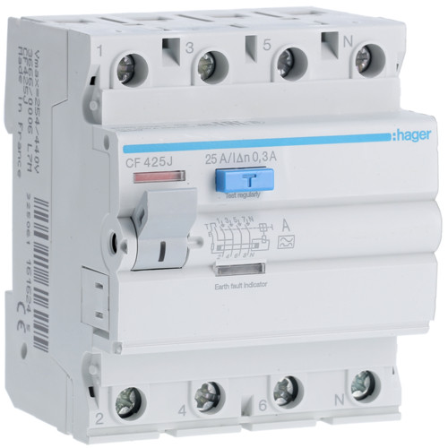 УЗО Диференціальне реле Hager 4x25 A, 300 mA, A, 4м