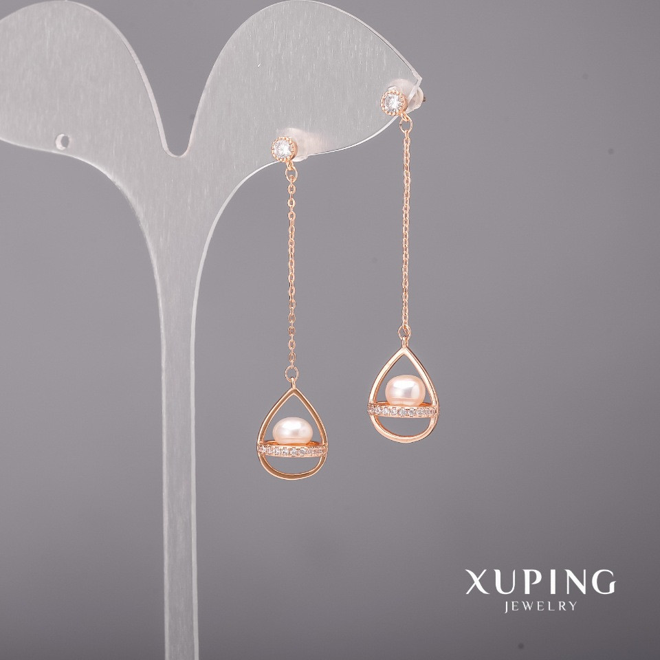 Сережки Xuping з білими каменями та перлами Майорка 10х52мм Позолота 18К