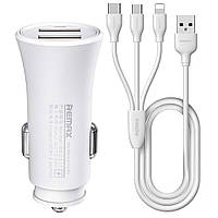 Автомобільний зарядний пристрій Remax RCC-217 2.4 A 2*USB + 3-in-1 кабель (Lightning/microUSB/Type-C) white