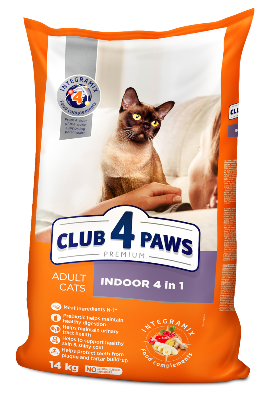 Сухий корм ПРЕМIУМ Indoor 4 в 1 для кішок, що живуть в приміщенні 14 кг CLUB 4 PAWS Клуб 4 Лапи