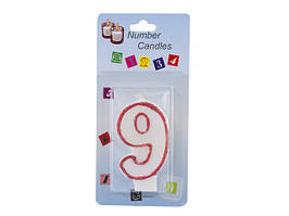 Свічка в торт "Цифра-9" біла з червоним обідком(10)(100)