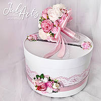 Свадебная круглая коробка для денег белая Казна для конвертов с розовым декором
