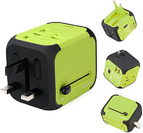 Універсальний мережевий адаптер для подорожей 2 USB Adapter Travel Перехідник для всіх типів розеток Салатовий