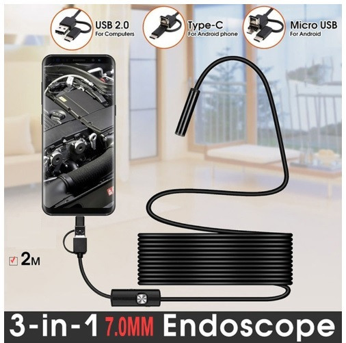 Ендоскоп 7мм х 2м жорсткий кабель, бороскоп для смартфона, USB міні камера для Android, ПК, micro USB / Type C.