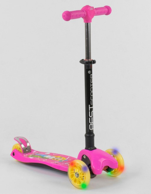 Самокат триколісний дитячий складаний кермо світяться колеса принт рожевий Best Scooter Maxi 20847