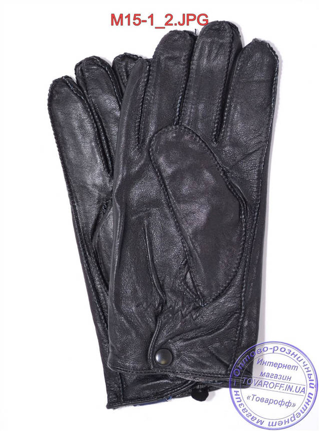 Оптом чоловічі шкіряні рукавички з махрової підкладкою (зовнішній шов) - №M15-1, фото 2