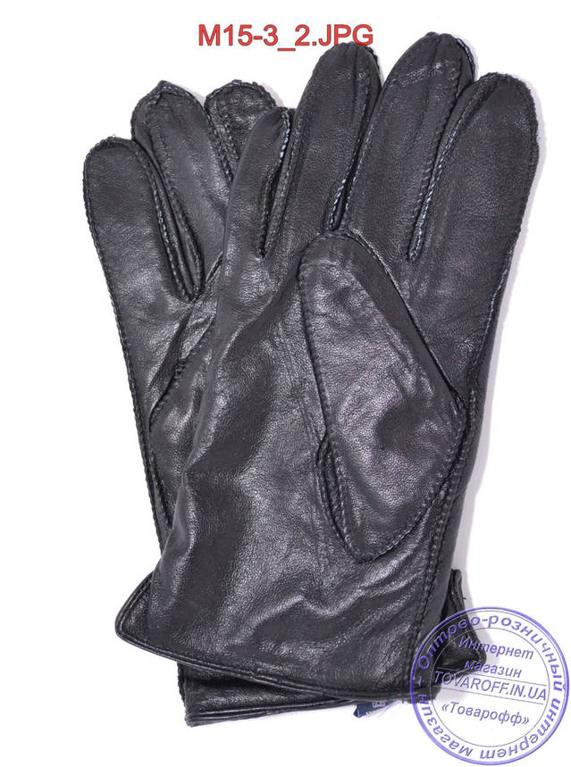 Оптом чоловічі шкіряні рукавички з махрової підкладкою (зовнішній шов) - №M15-3, фото 2
