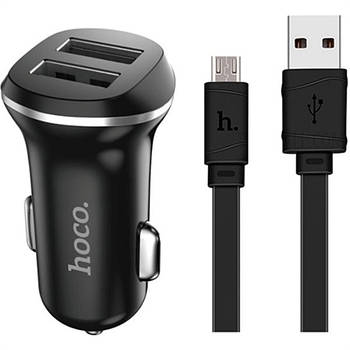 Зарядка в прикурювач 2 виходи 2 USB Hoco Z1 Black (2.1 A) + microUSB кабель