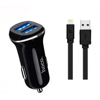 Зарядка в прикурювач 2 виходи 2 USB Hoco Z1 Black (2.1A) + кабель для айфон