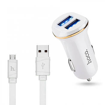 Зарядка в прикурювач 2 виходи 2 USB Hoco Z1 White (2.1 A) + microUSB кабель