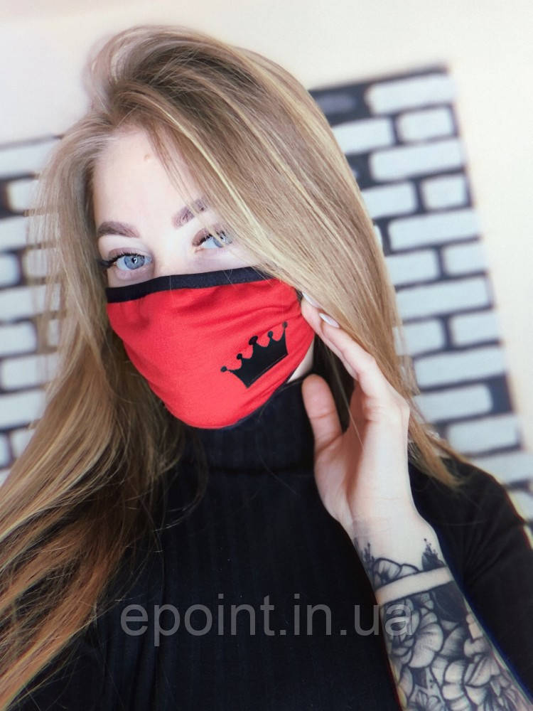 Маска жіноча для обличчя тканинна, червоний/оливковий/бірюзовий/чорний кольори, серія fashion wear, принт Корона, фото 1