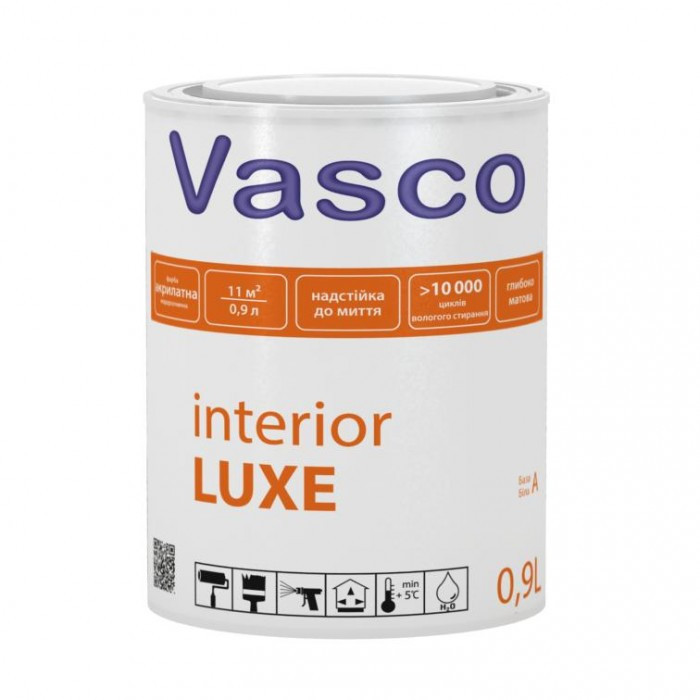 Vasco interior Luxe акрилатна фарба особливо стійка до миття 0,9 л, 2,7 л, 9 л