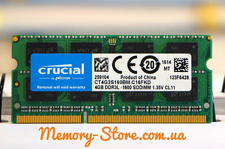 Оперативна пам'ять для ноутбука Crucial DDR3 4GB PC3L-12800S 1600MHz 1.35 V SODIMM (б/у), фото 1