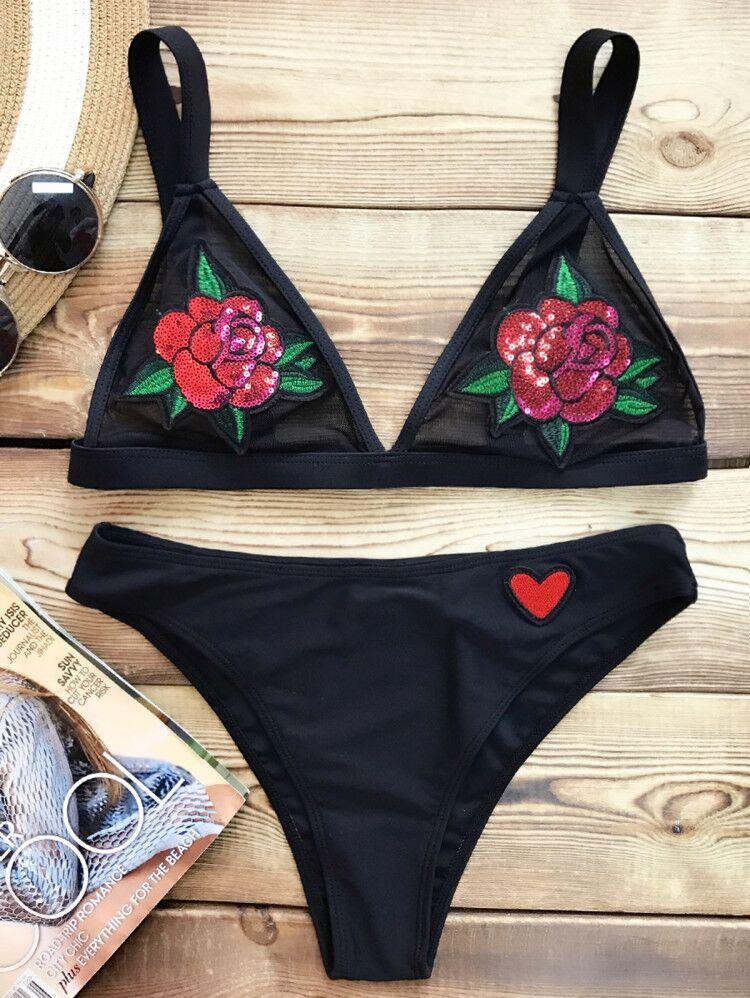 Купальник жіночий роздільний чорний із нашивкою троянди розмір М, фото 1