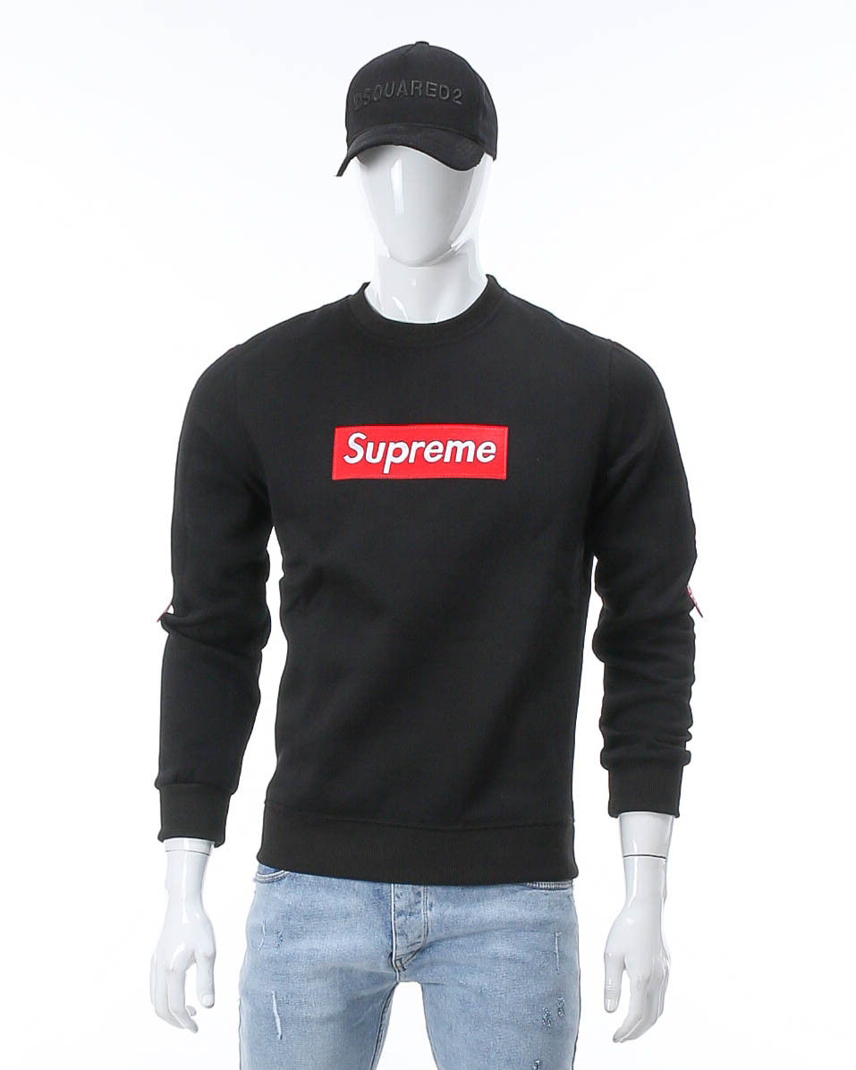 Світшот осінь-зима чорний SUPREME з червоним патчем, стрічка BLK L (Р) 20-542-003-002