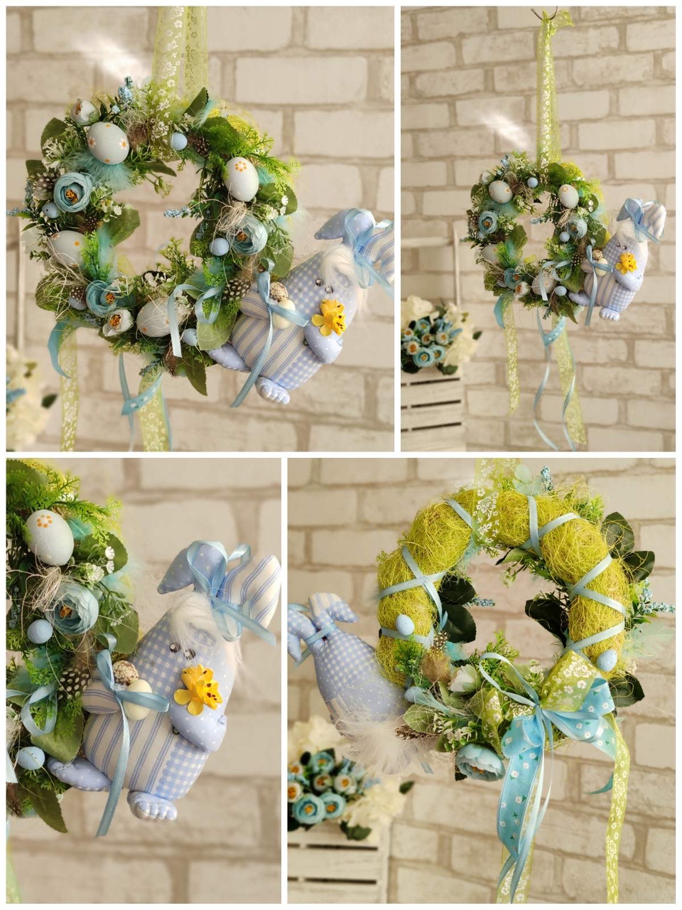 Великодній віночок із кроликом на вікно, двосторонній, вінок великодній на двері28х25 см, фото 1