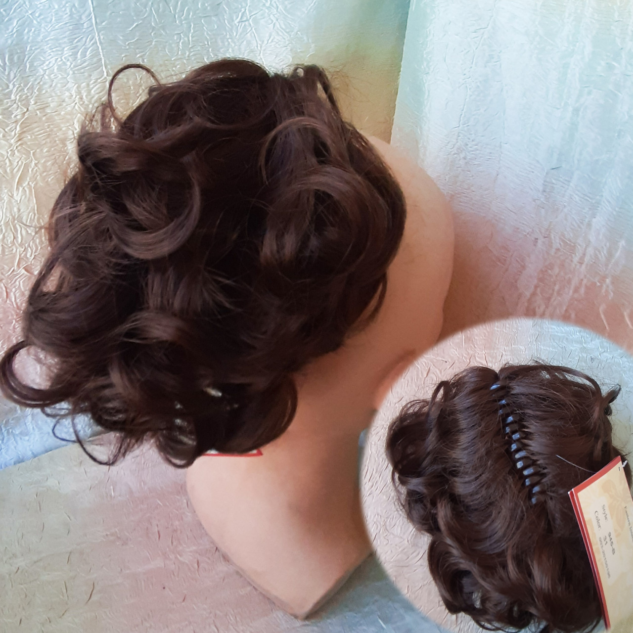 Хвіст шиньон короткий кучерявий на крабі каштановий 945В-33, фото 1