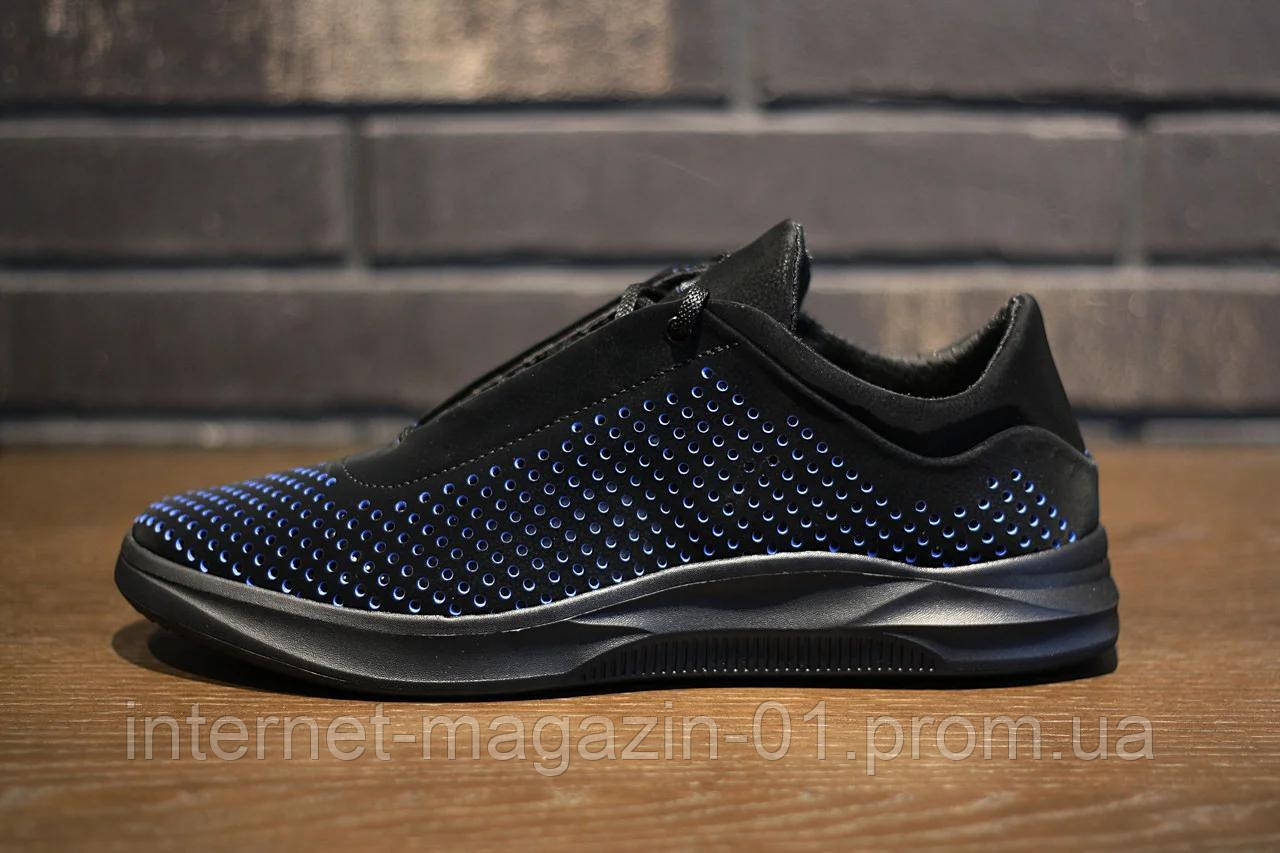 Шкіряні чоловічі кросівки LEVEL перфорація чорний з синім, фото 1