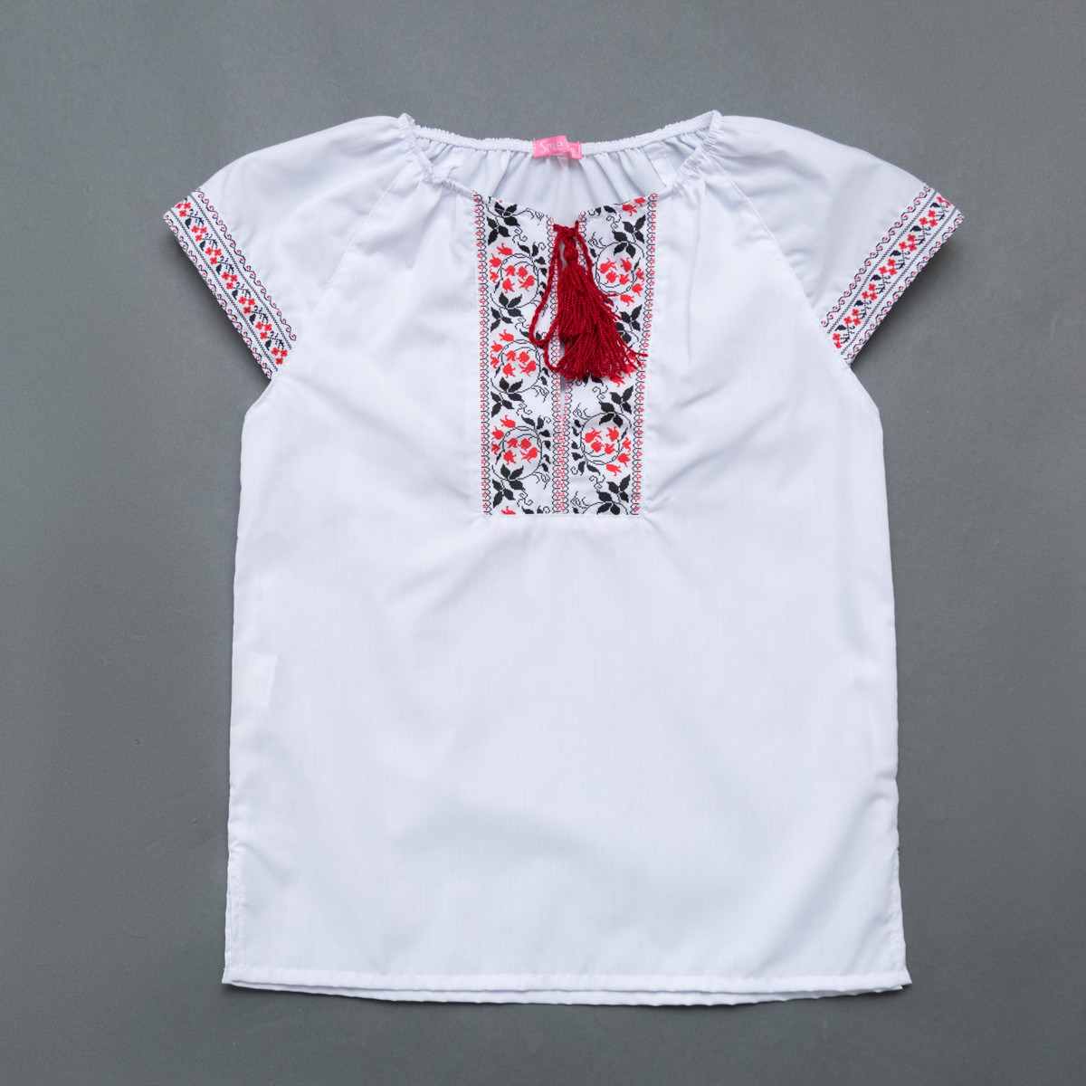 Вишиванка для дівчинки з коротким рукавом, зріст 128 SmileTime Ethnic, червоний візерунок