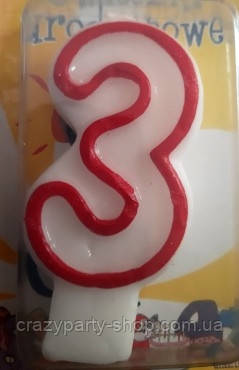 Свічка-цифра біла з червоним контуром 3 без блискіток, фото 1