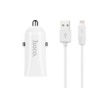 Автомобільний блок у прикурювач 1 вихід 1 USB Hoco Z27 білий 2.4 A + з кабелем Lightning