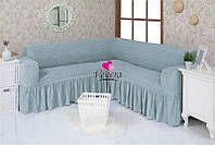 Чехол натяжной с рюшем на угловой диван MILANO серо-голубой