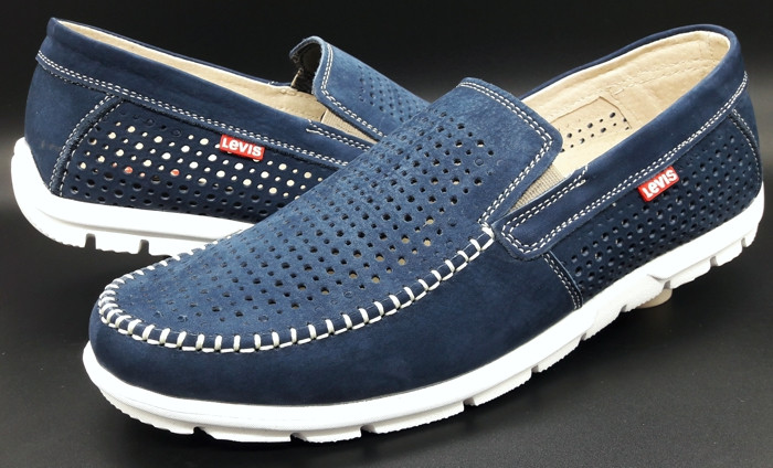 Мужские кожаные стильные мокасины Levis (model-77) синий нубук (перфорация)