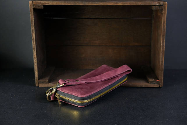 Шкіряний гаманець клатч на круговій блискавці з ремінцем, натуральна Вінтажна шкіра, колір Бордо, фото 2
