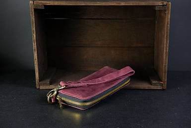 Шкіряний гаманець клатч на круговій блискавці з ремінцем, натуральна Вінтажна шкіра, колір Бордо