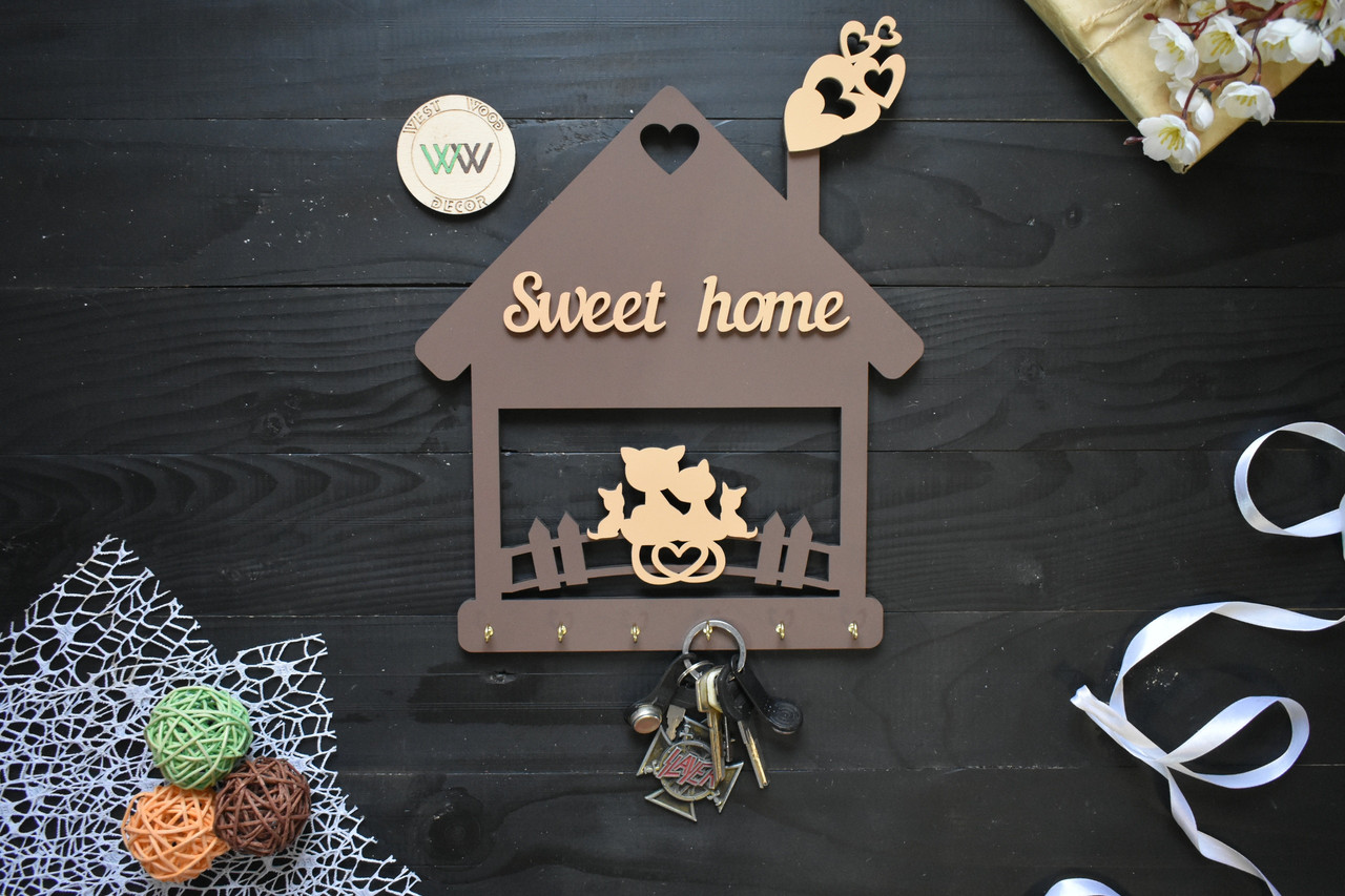 Настінна ключниця з дерева у вигляді будиночка з котиками. Sweet Home, фото 1