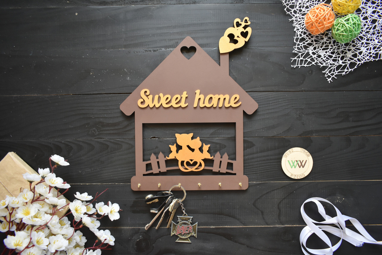 Настінна ключниця з дерева у вигляді будиночка з котиками. Sweet Home, фото 1