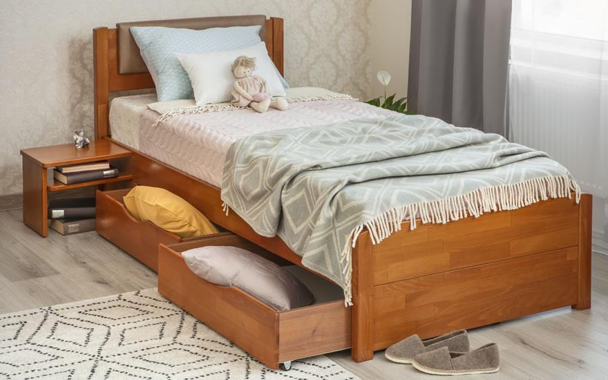 Деревянная кровать с мягкой спинкой и ящиками Лика Люкс Олимп
