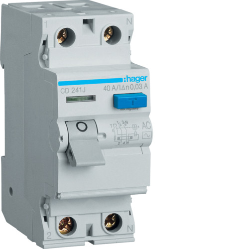 УЗО Диференціальне реле Hager 2x40 АС, 30 mA, 2м