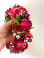 Віночок на голову з бордових квітів півонії Малиновий, Романтичний