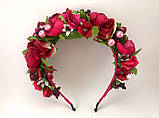 Віночок на голову з бордових квітів півонії Малиновий, Романтичний, фото 6
