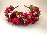 Віночок на голову з бордових квітів півонії Малиновий, Романтичний, фото 7
