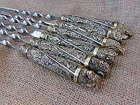 Набор шампуров ручной работы с бронзовыми ручками "Дикие звери" в колчане из натуральной кожи