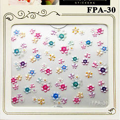 Наклейки для Нігтів Самоклеючі 3D FPA 30 Гірлянди Квітів Білі з Кольоровими Серединками Дизайн Нігтів