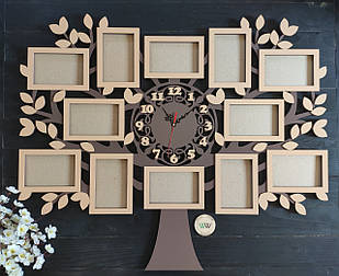 Широка фоторамка дерево з годинником, фоторамка сімейне дерево, фоторамка у вигляді дерева з листочками