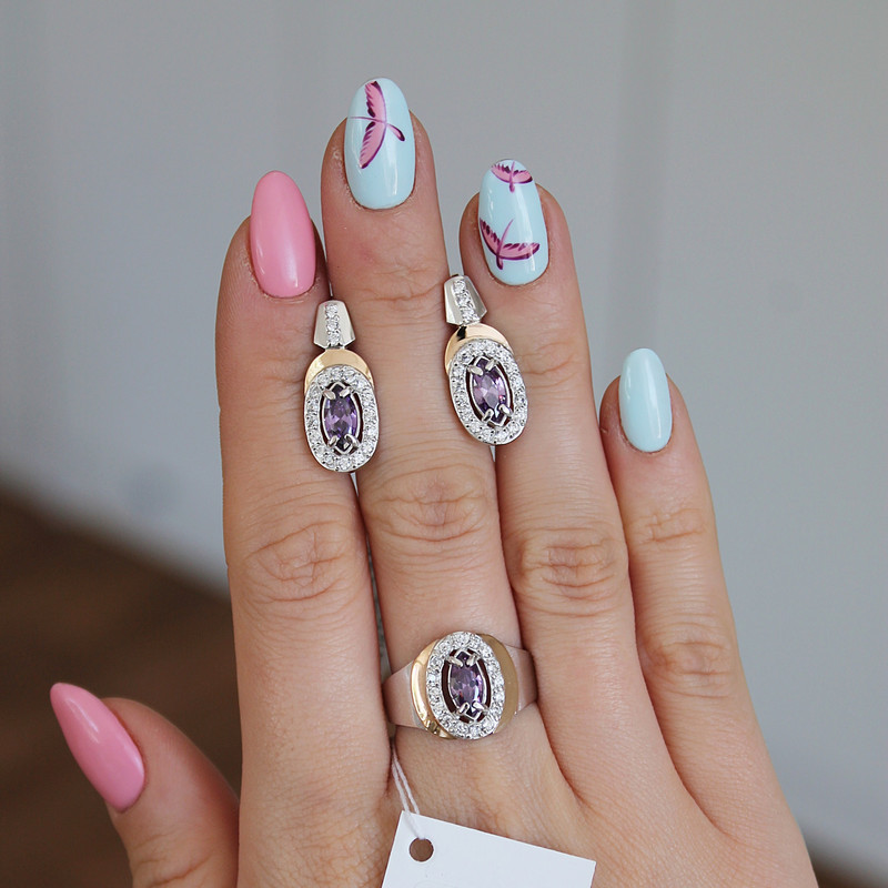 Срібний гарнітур з золотом і фіолетовим цирконом Гейша, фото 1