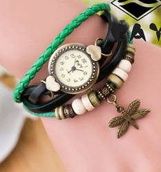 Жіночі годинники з кожзам ремінцем під старовину з брелоком "стрекоза" Зелений
