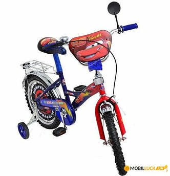 Детский двухколесный велосипед Тачки Azimut 12" синий и красный с дополнительными колесами