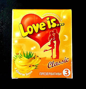 Презервативи LOVE IS преміум із бананом і вкладишом (комісом) 3 шт. Великобританія.Преміум сегмент!