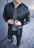 Мужской черный кожаный бомбер RM 11228 | Мужская куртка кожаная весенняя осенняя