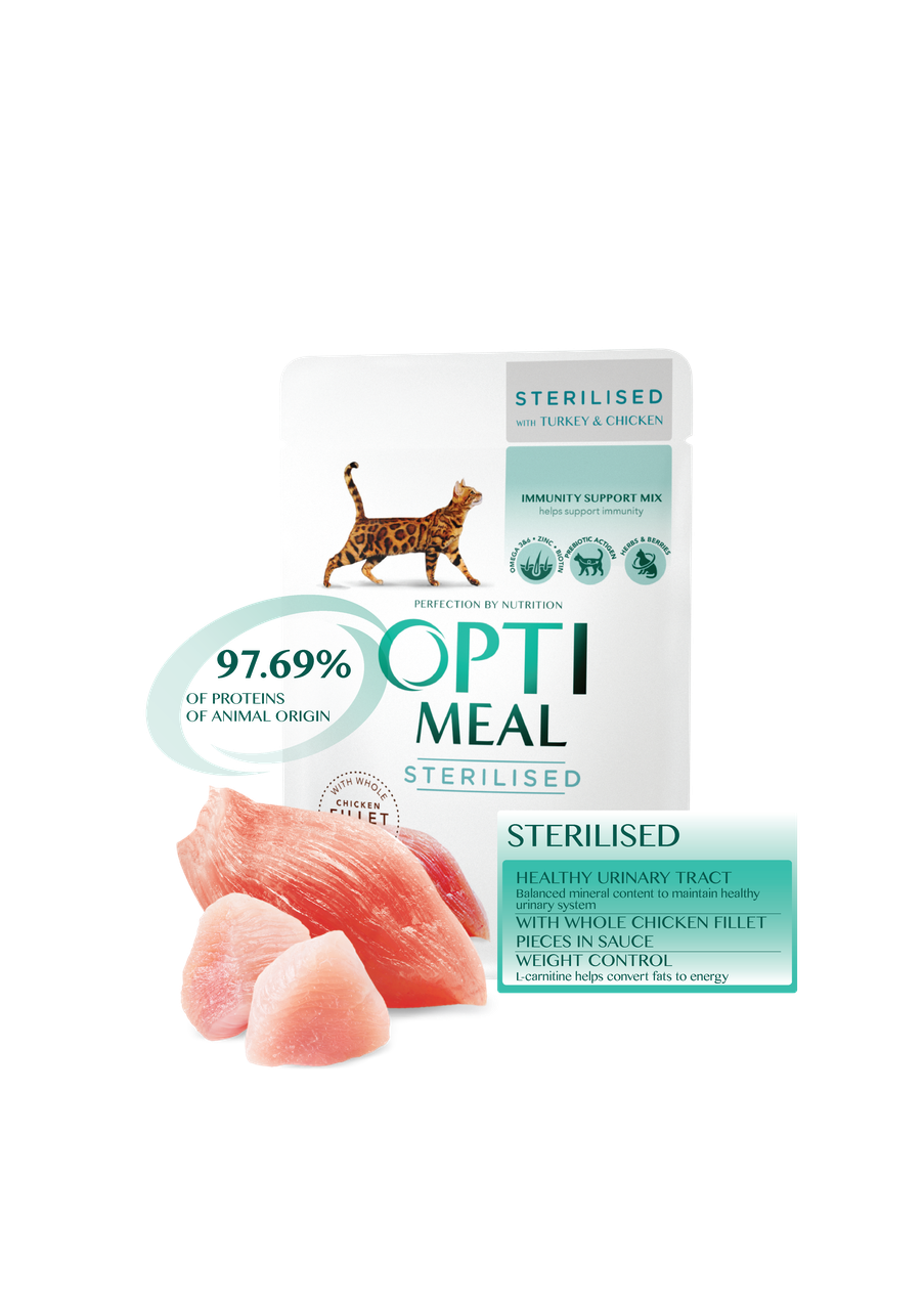 Вологий консервований корм павуч Optimeal для стерилізованих кішок з Індичкою та курячим філе в соусі 85 г, фото 1