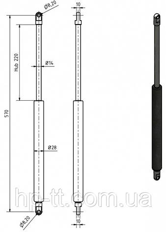Газовий амортизатор 2250 N, 570 мм, шток 220 мм 20457, фото 3