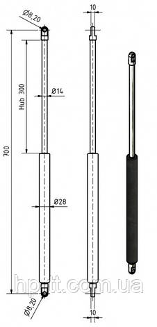 Газовий амортизатор 1500 N, 700 мм, шток 300 мм 20464, фото 3