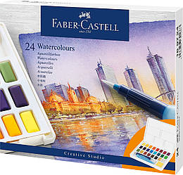 Акварельні фарби Faber-Castell Watercolors in Pans, 24 кольору + ручка-пензлик з контейнером для води, 169724
