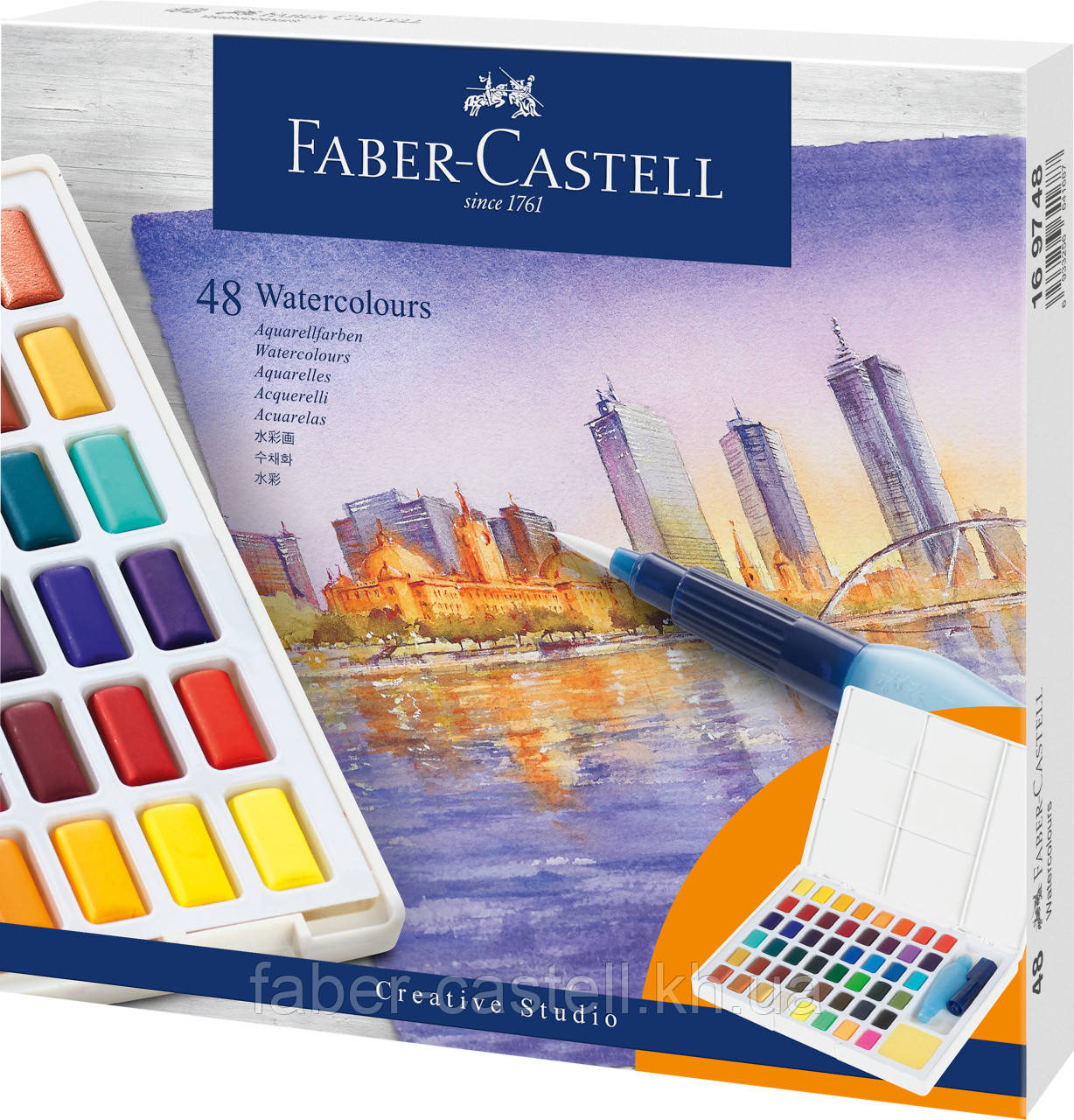 Акварельні фарби Faber-Castell Watercolors in Pans, 48 кв. + ручка-пензлик з контейнером для води, 169748